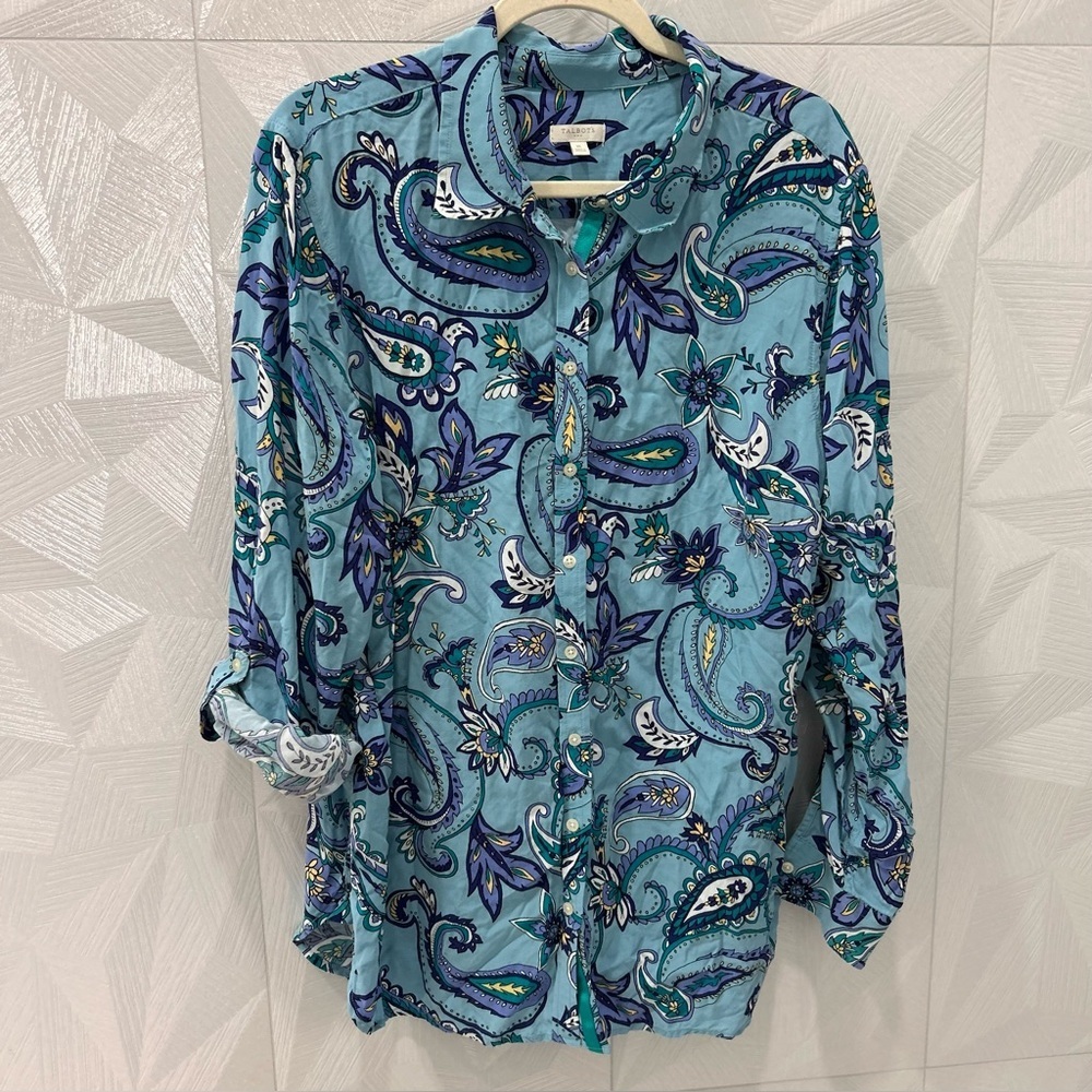 Talbots Top Womens XL Blue Paisley Floral Chiffon Button Up Roll Tab Sleeve Boho